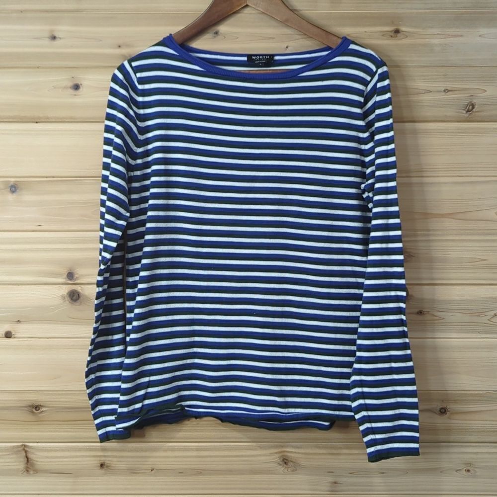 Worth Sweater Womens Large Blue Striped Crew Neck Lightweight